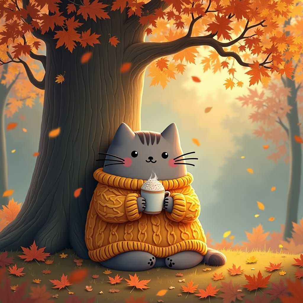 Pusheen Cat in Autumnal Scene, Astral Illustration