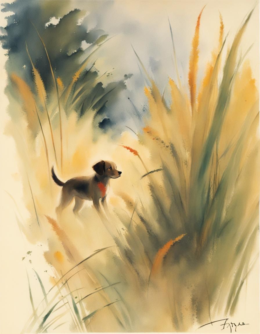 Dog in Grasses: Tyrus Wong Style Art
