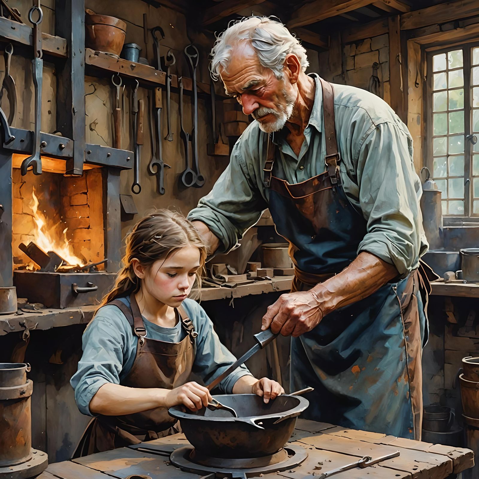 Blacksmith and Apprentice: Digital Watercolor Illustration