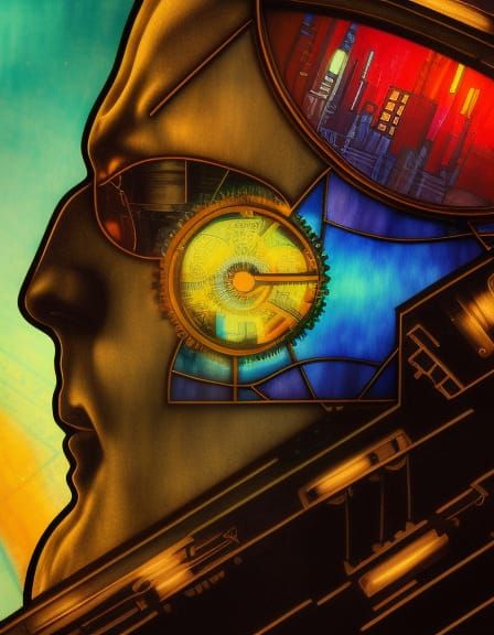 Cyberpunk Man: Bauhaus Poster with Steampunk Engine