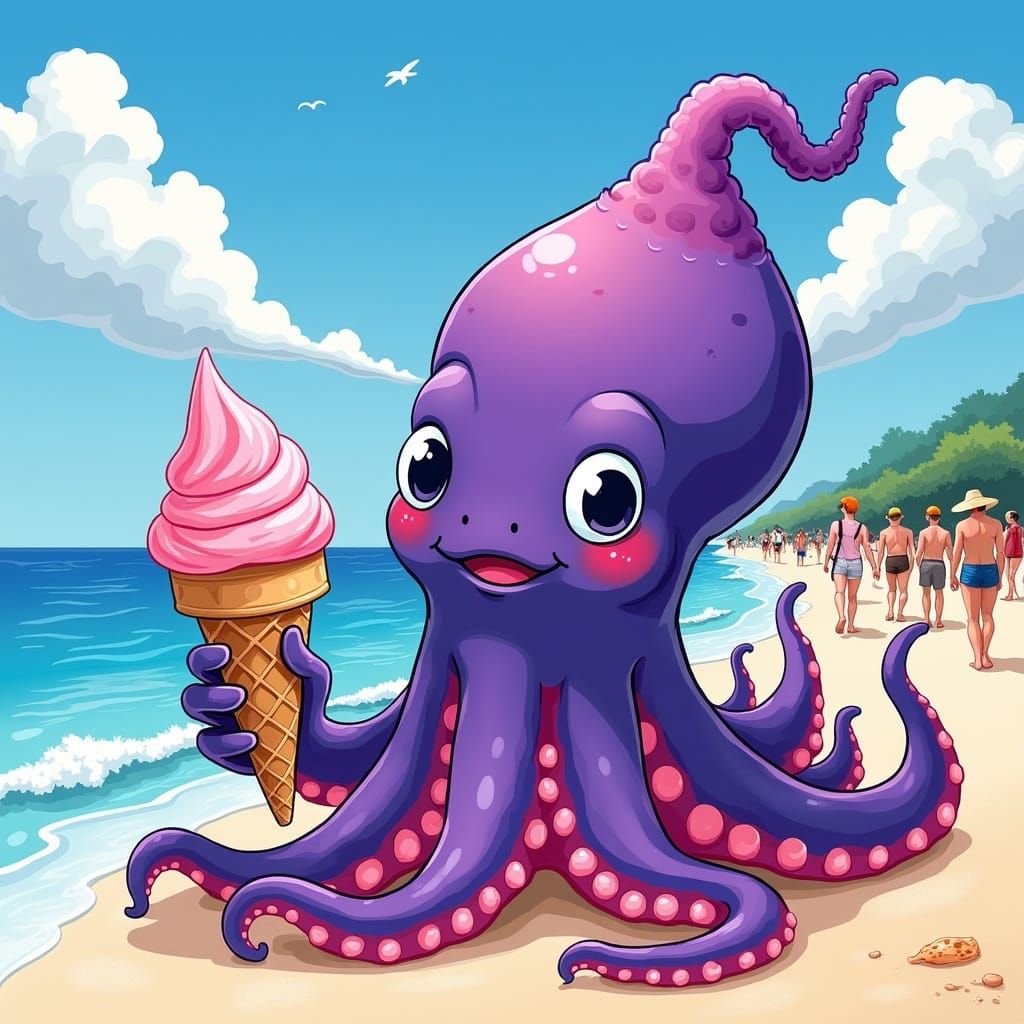 Friendly Kraken Enjoys Beach Ice Cream