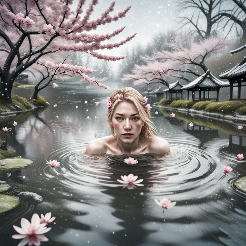 Blonde Girl in Sakura Pond, Hyperrealistic Snow Scene
