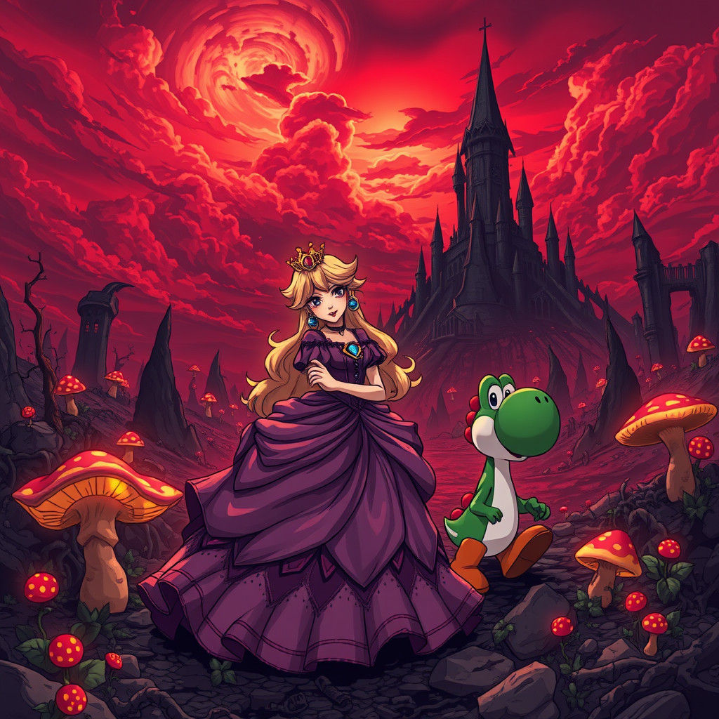 Princess Peach and Yoshi in Post-Apocalyptic Anime