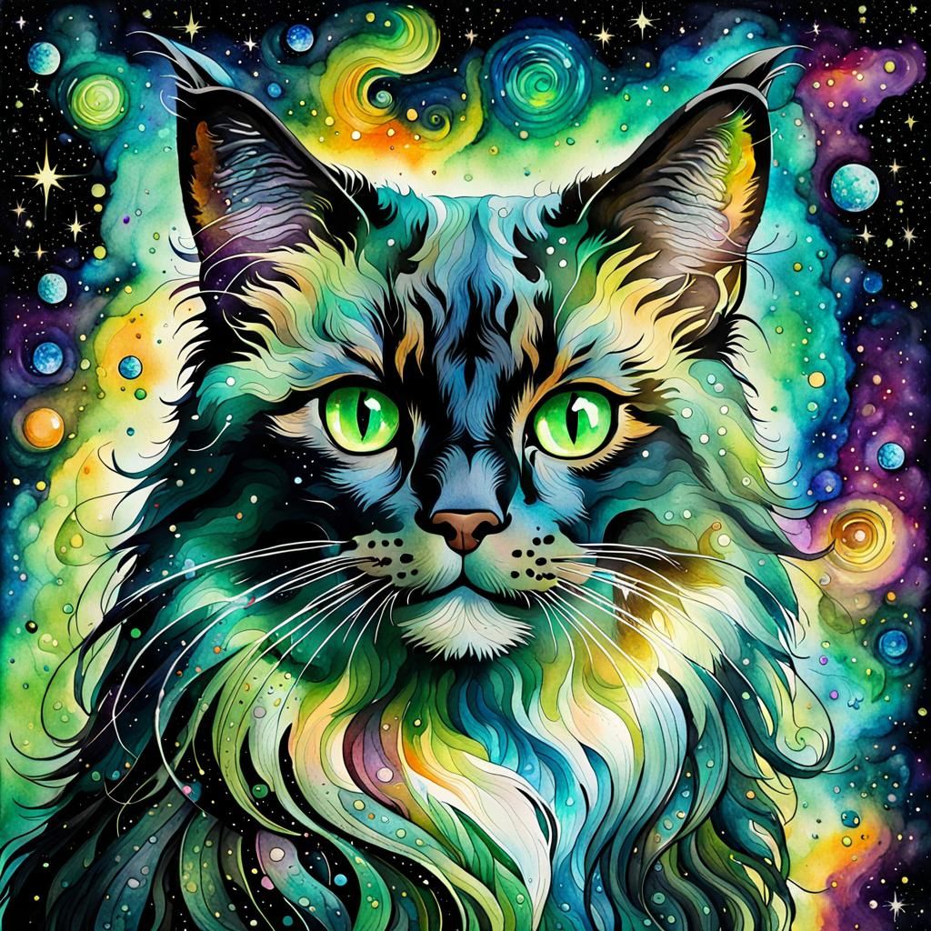 Watercolor Space Cat in Fantasy Art Style