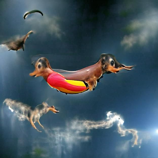 Whimsical Flying Dachshund in the Sky