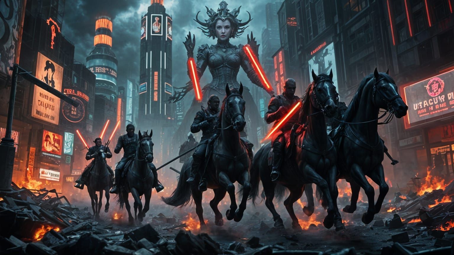 Vampire Queen Leads Horsemen in Cyberpunk City