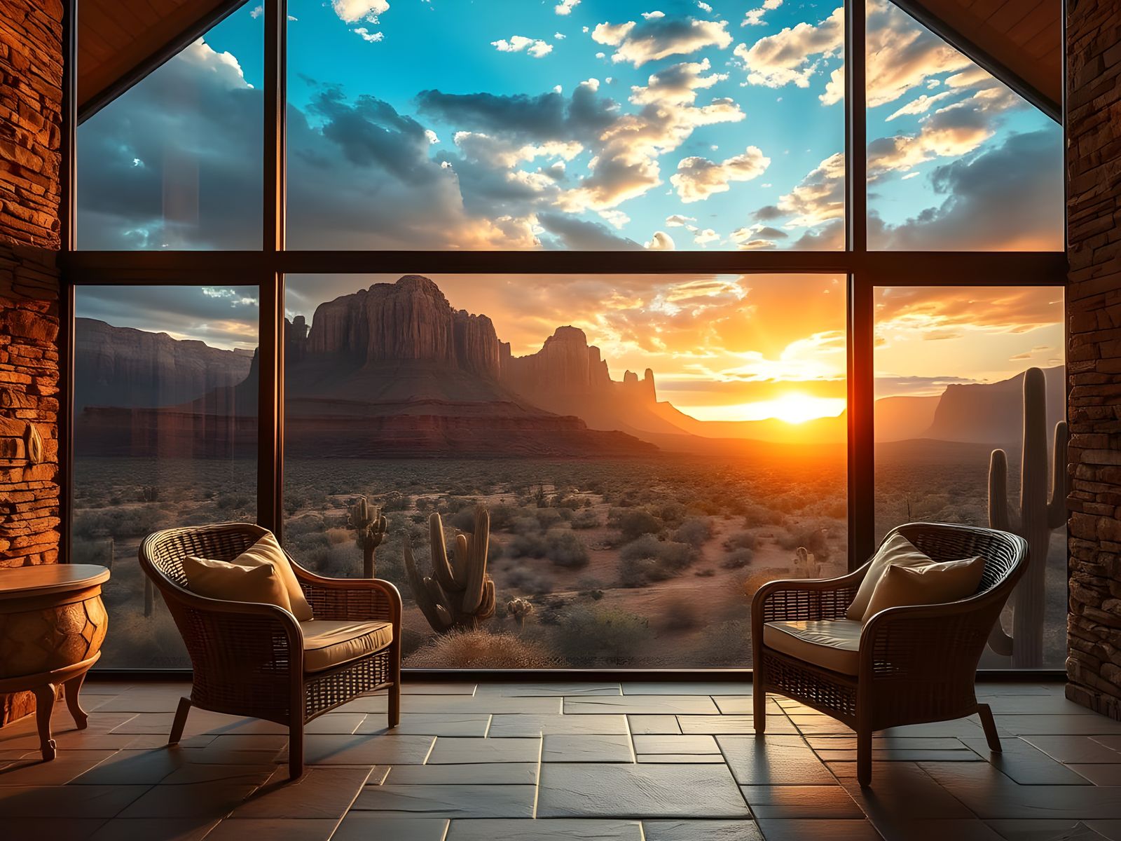 A breathtaking desert landscape seen through large floor-to-...