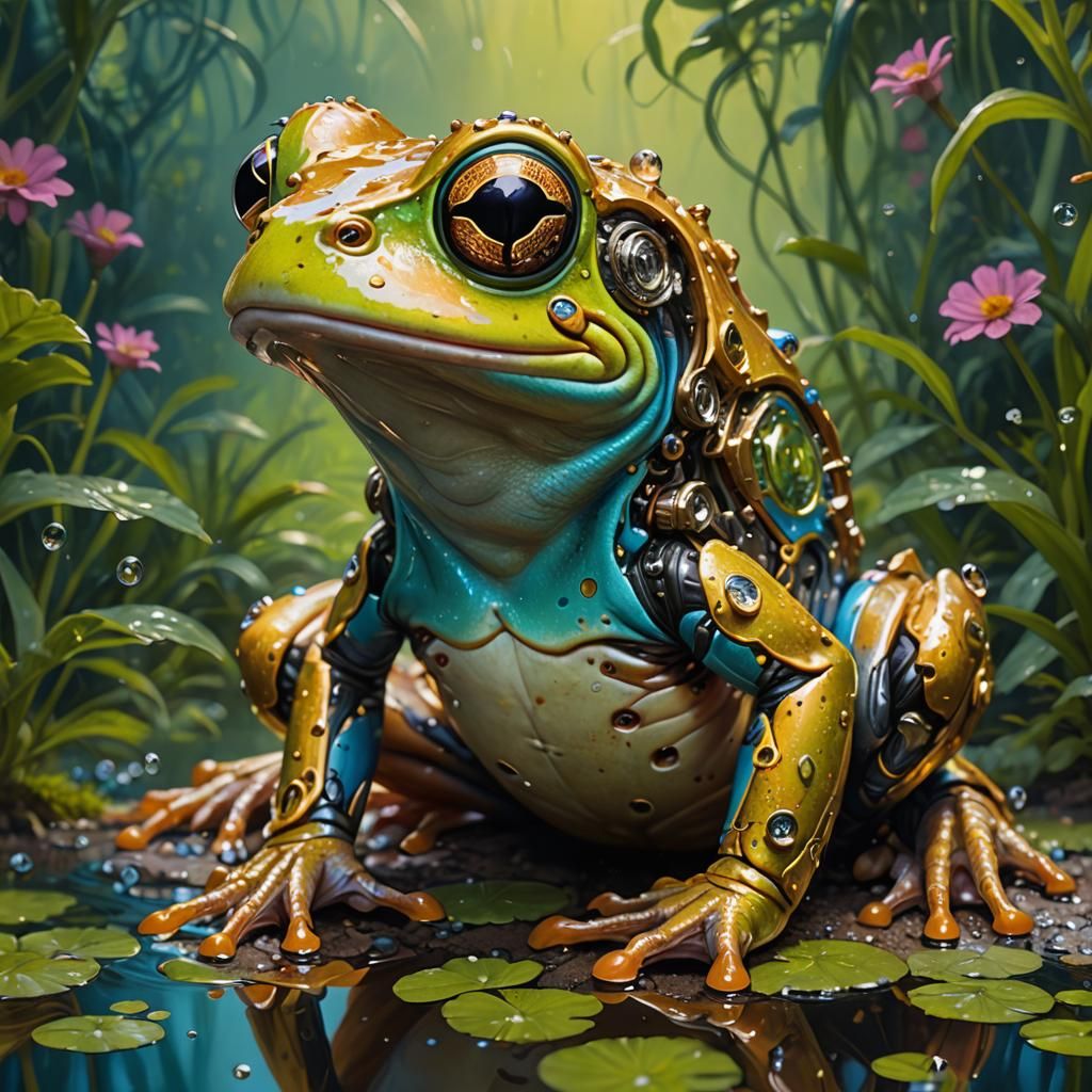 Happy Cyborg Frog in Hyperrealistic Oil Painting Style