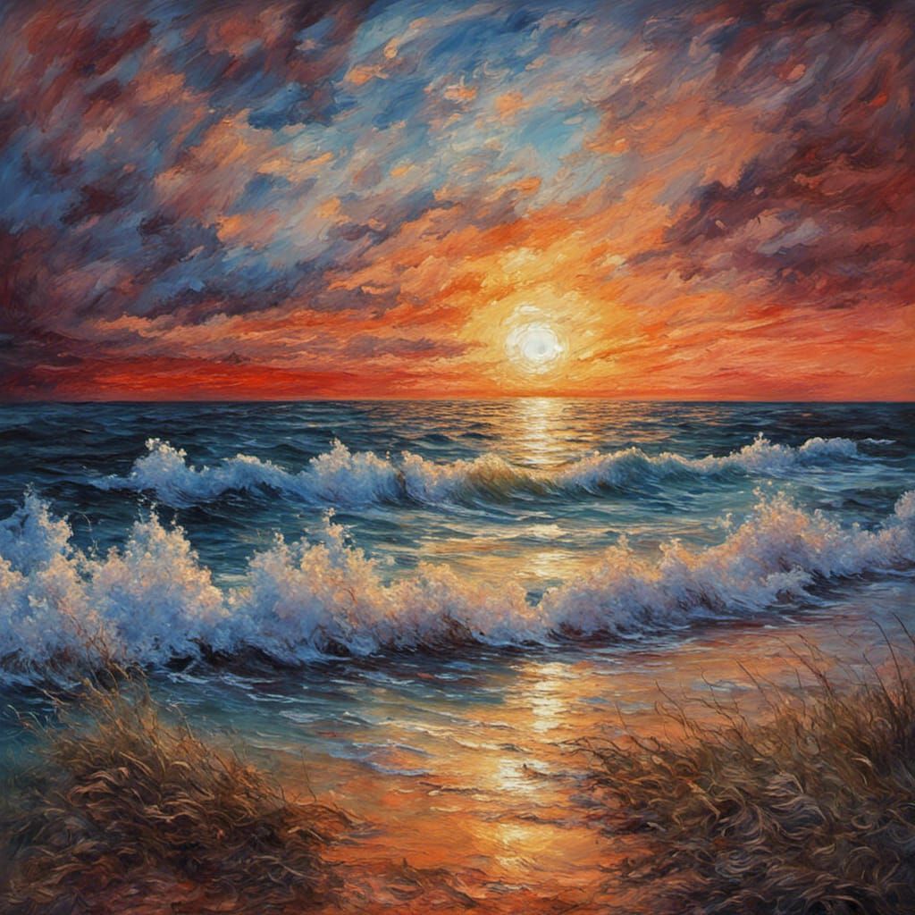 Seashore Sunset in Impressionist Style