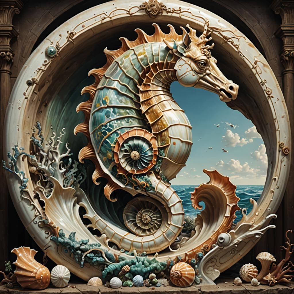 Mythological Hippocampus Emerges from Nautilus Shell