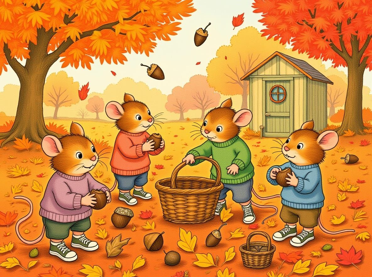 Adorable Mice Family Gathers Autumn Acorns