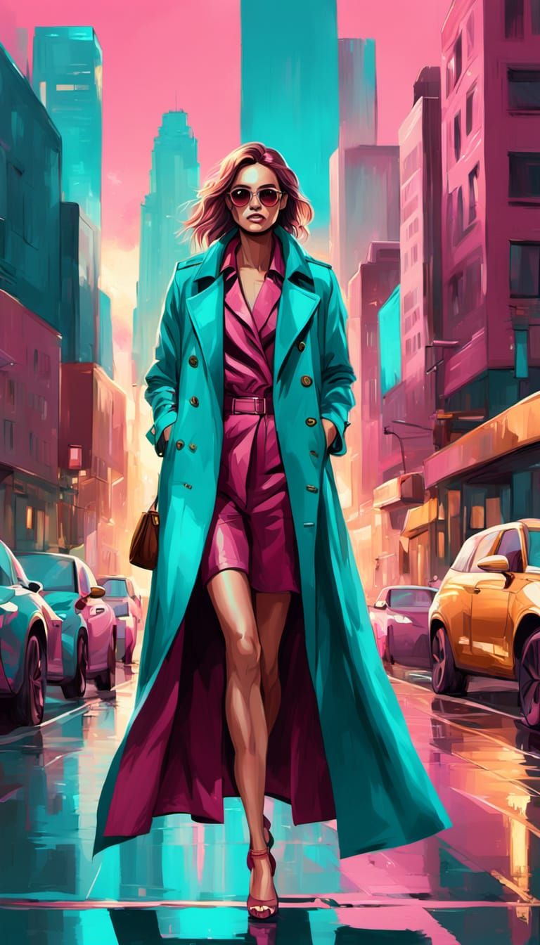 Fashionable Woman in Turquoise Suit, Digital Art