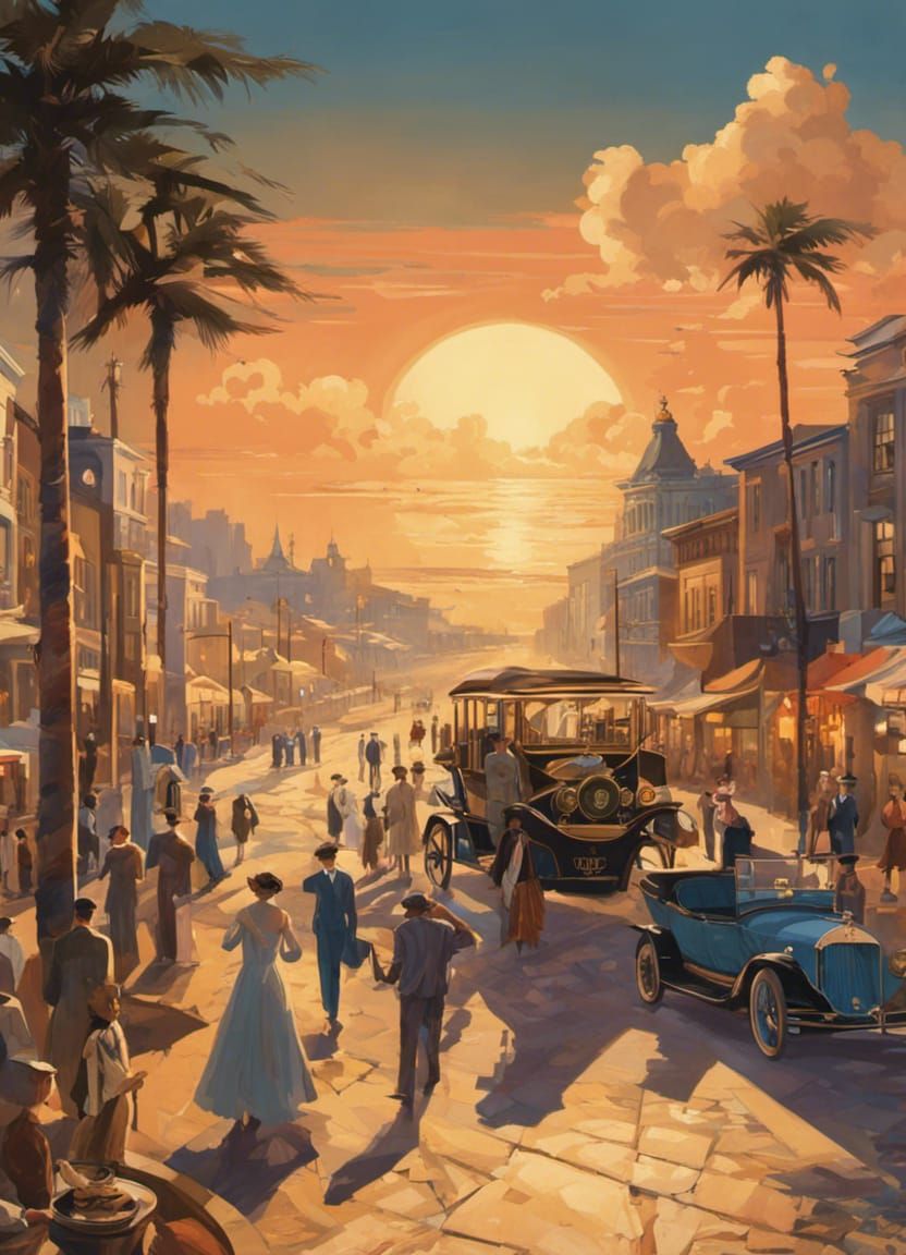 Art Deco Sunset Over a Seaside Town