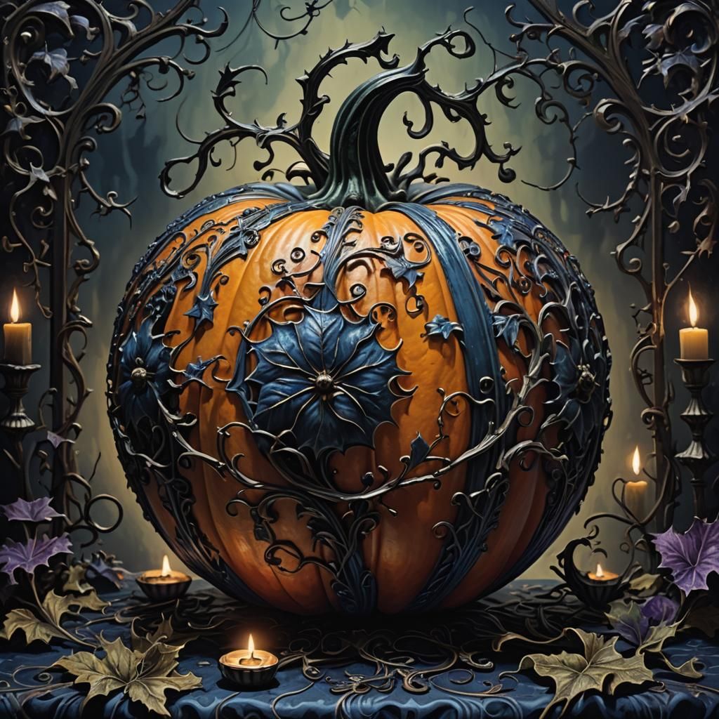 Gothic Surrealist Pumpkin on Victorian Table