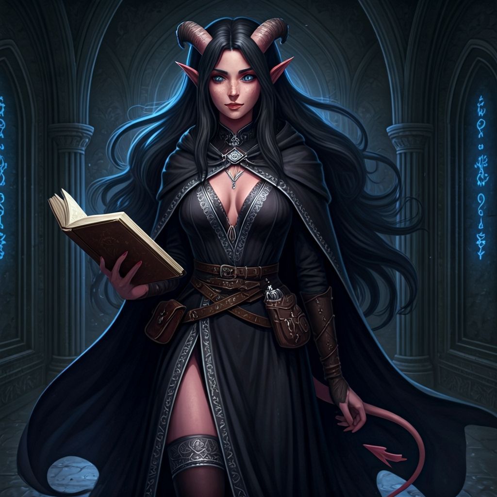 Slavic Tiefling Witch With Spellbook in Shadowy Chamber