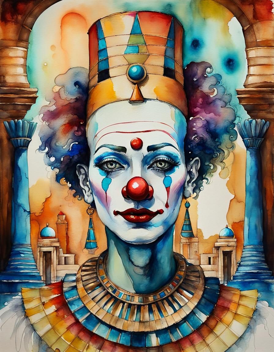Whimsical Clown in Egyptian Temple, Alcohol Ink