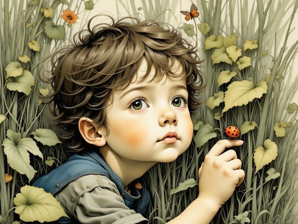 Boy Watches Ladybug Take Flight in Summer Serenity