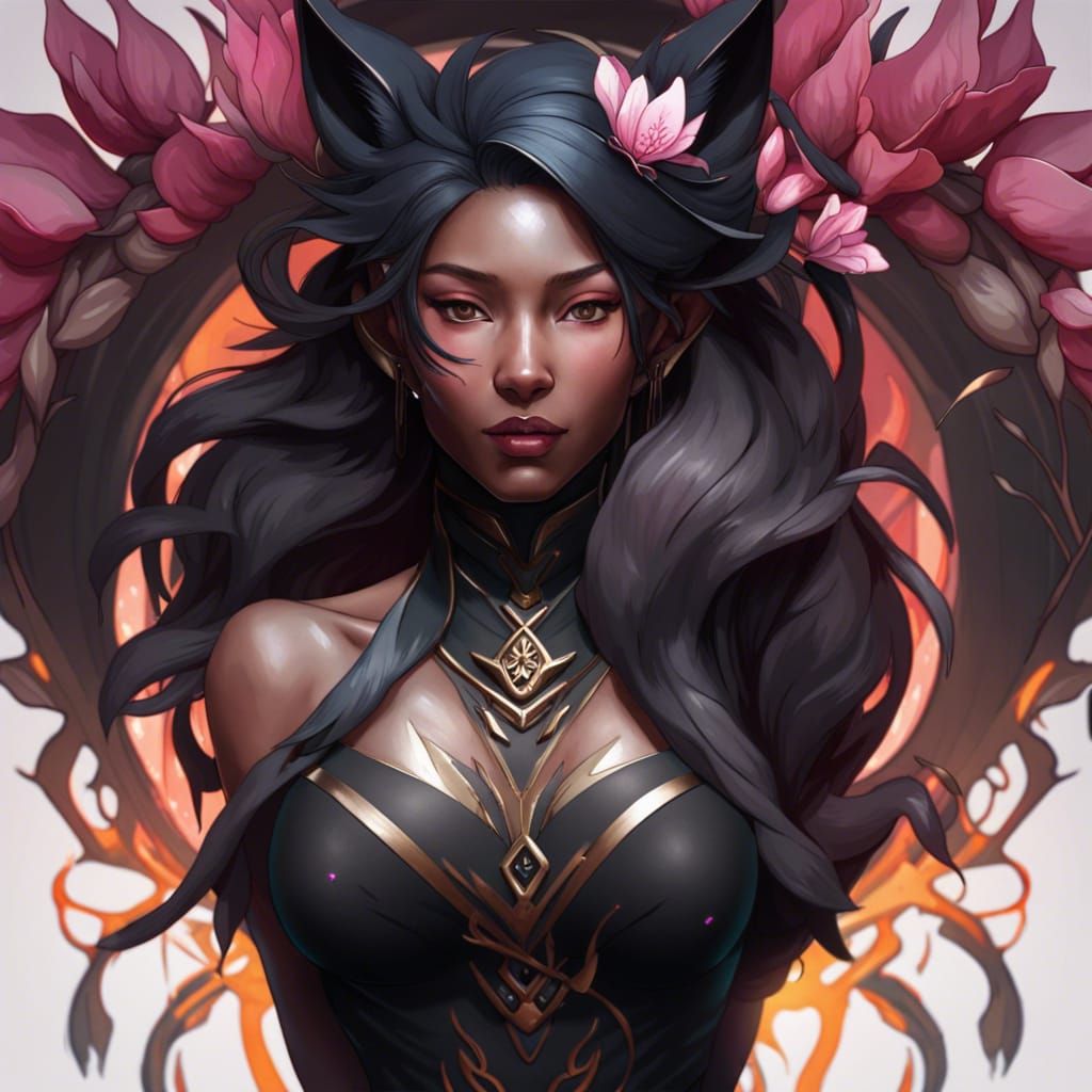 Magnolia Kitsune Portrait in Hyperdetailed Splash Art