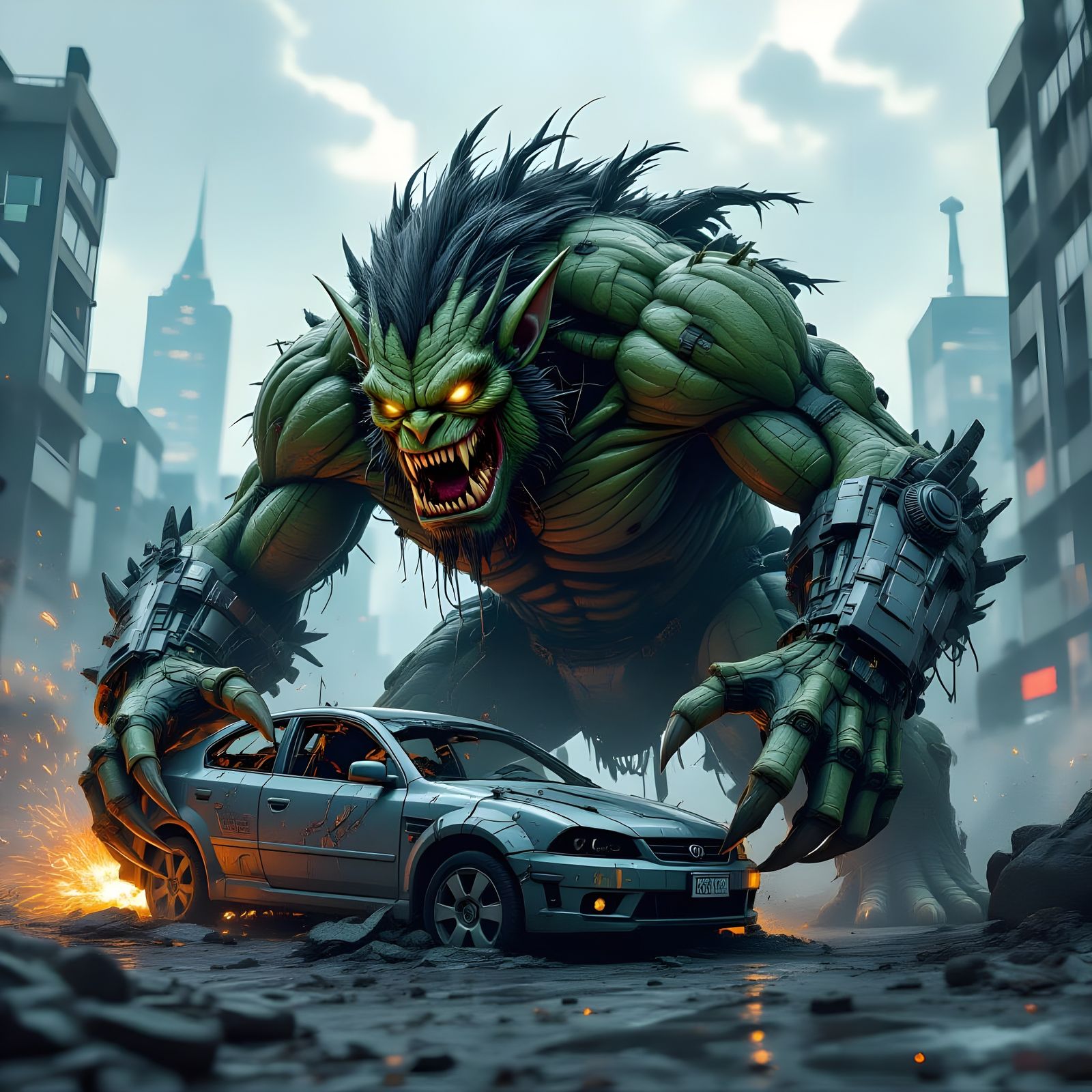 Biomechanical Troll Devouring Car in Dystopian City