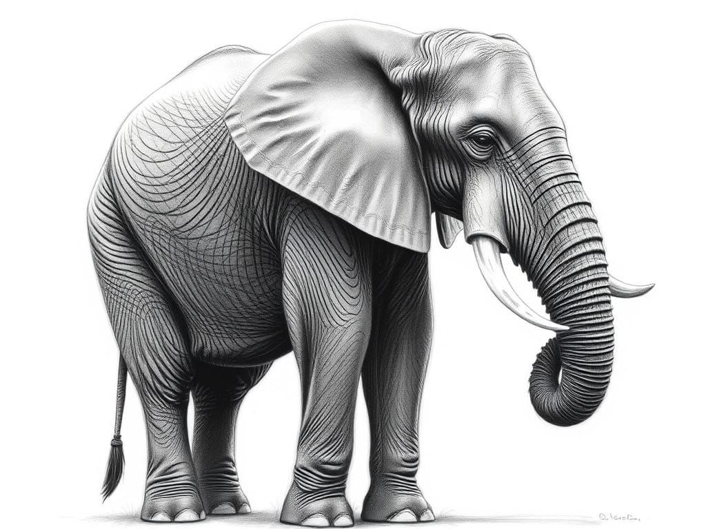 Elegant Gray Elephant in Charcoal Pencil Drawing