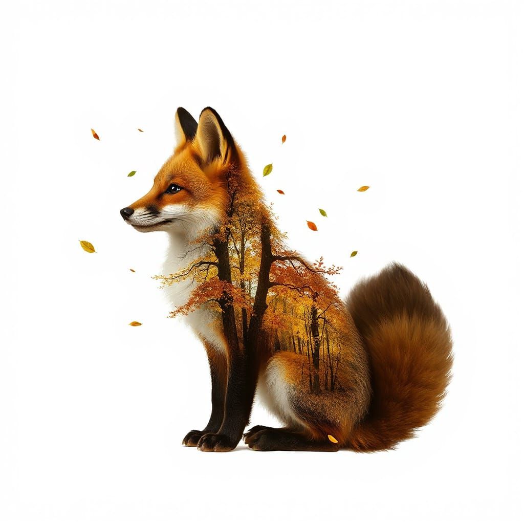Chibi Fox Silhouette with Autumn Forest Double Exposure