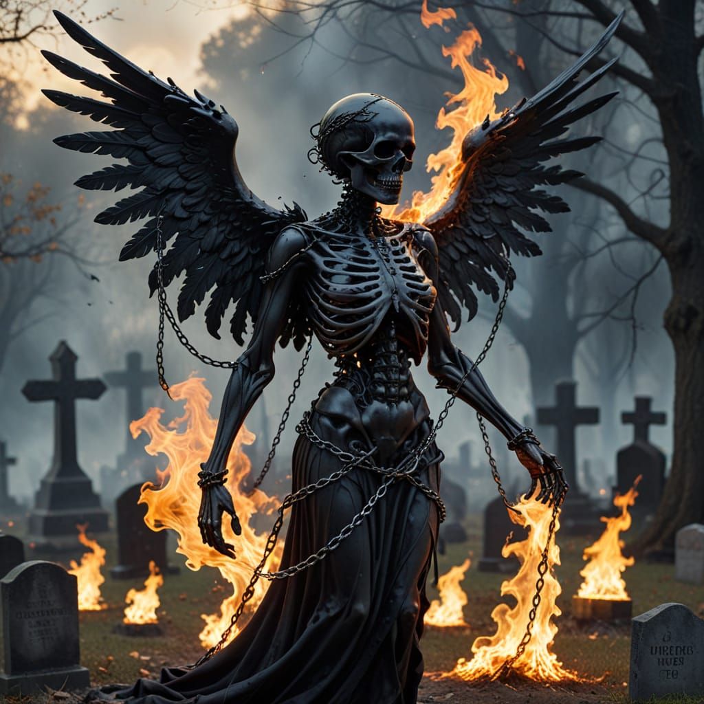 Surreal Dark Angel in Midnight Cemetery