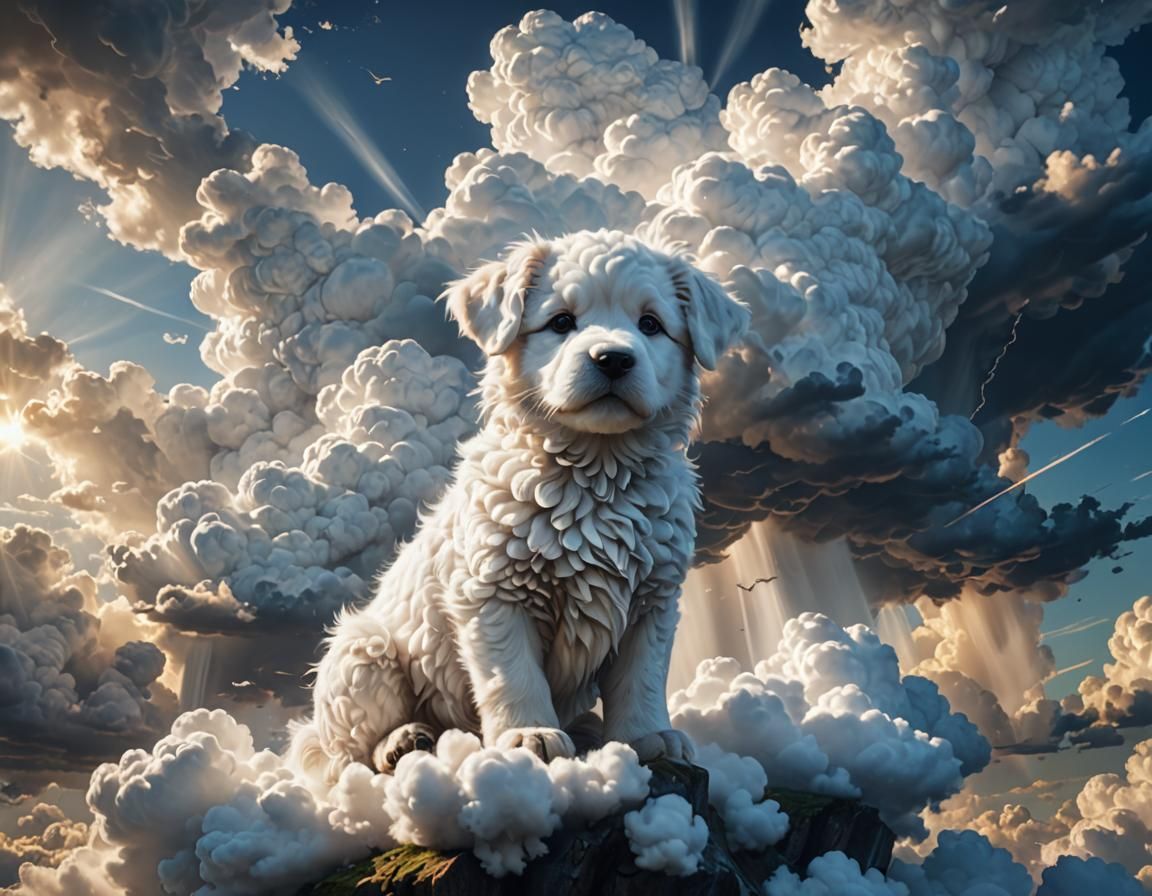 Fluffy Cloud Puppy in a Milk Waterfall Sky