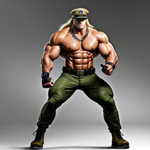 Muscular Bodybuilder in Military Gear with Long Blonde Hair ...