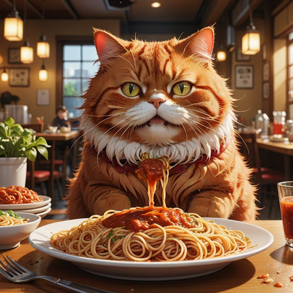 Anime Red Cat Enjoying Spaghetti in Restaurant