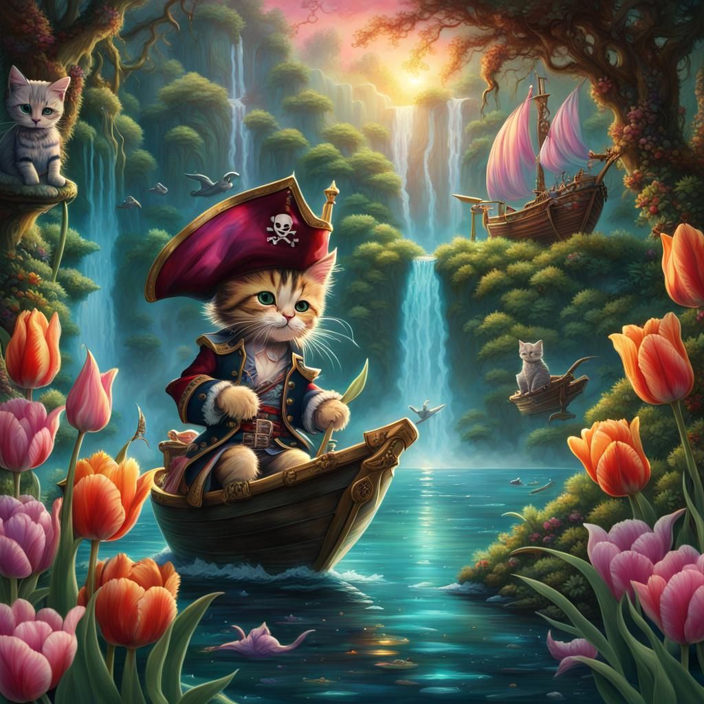 Iridescent Tulip Waterfall with Pirate Cats, Detailed Fantas...