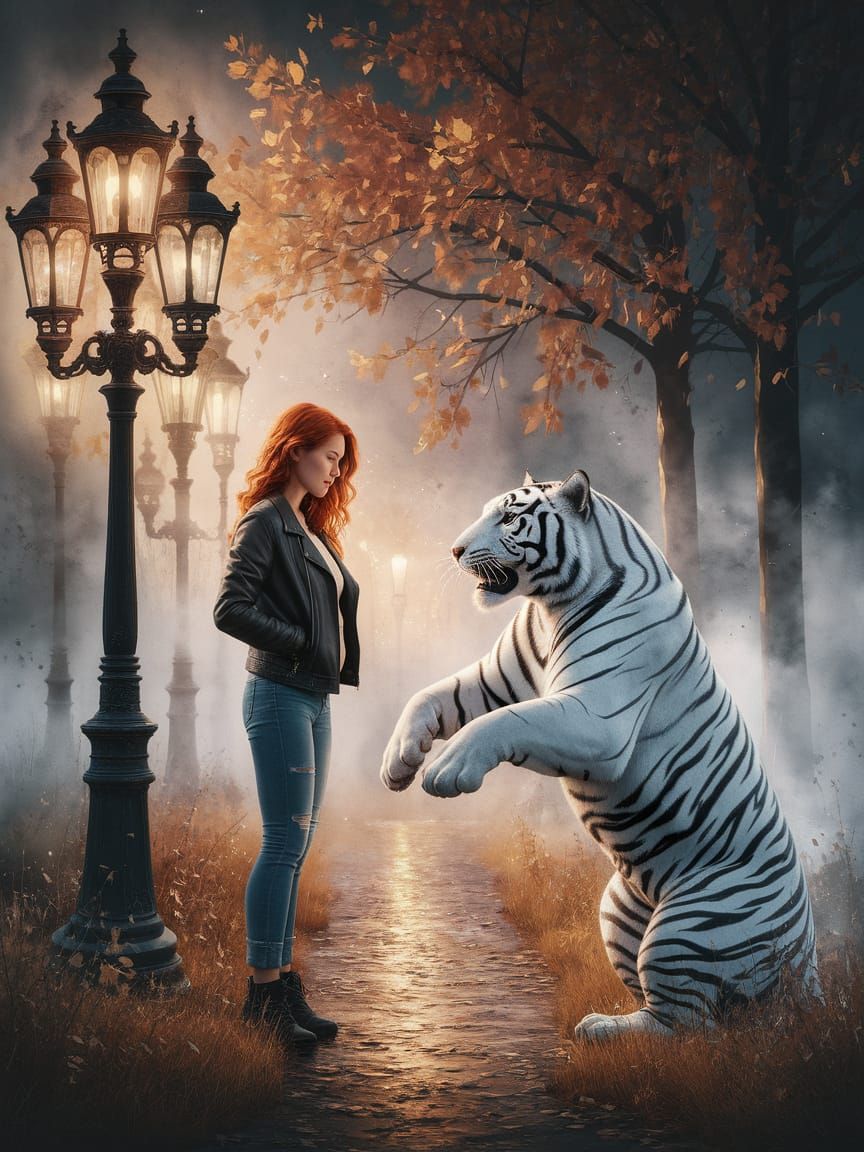 Girl and White Tiger in Misty Autumn Park