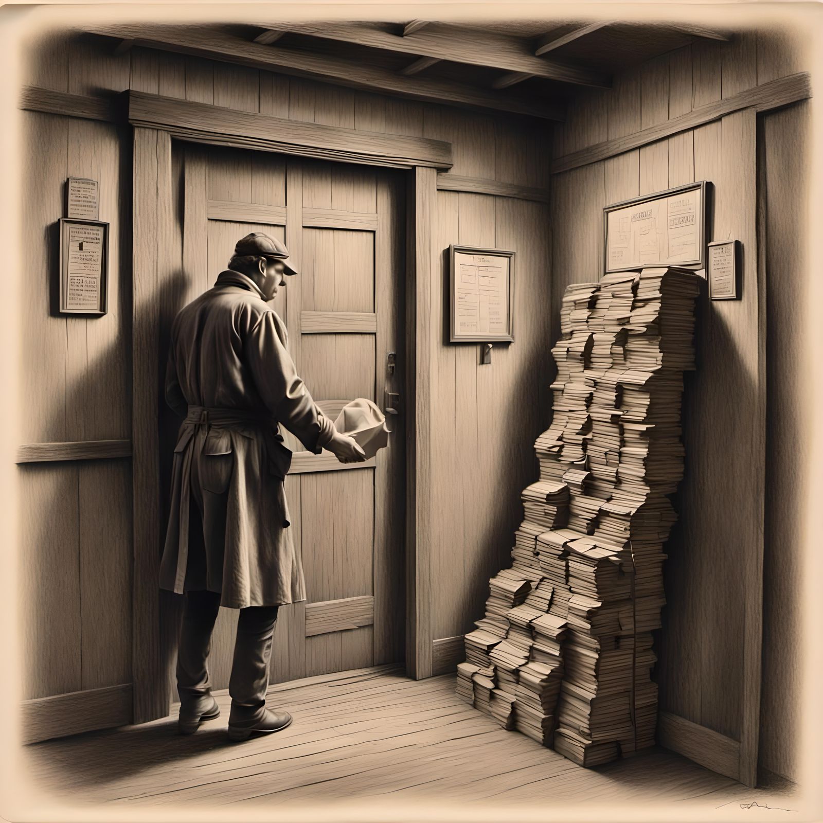 Charcoal Sketch of Railroad Clerk Retrieving Mail