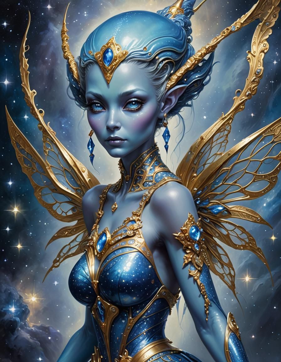 Ethereal Blue Faerie in Starry Glen, Kinkade Style