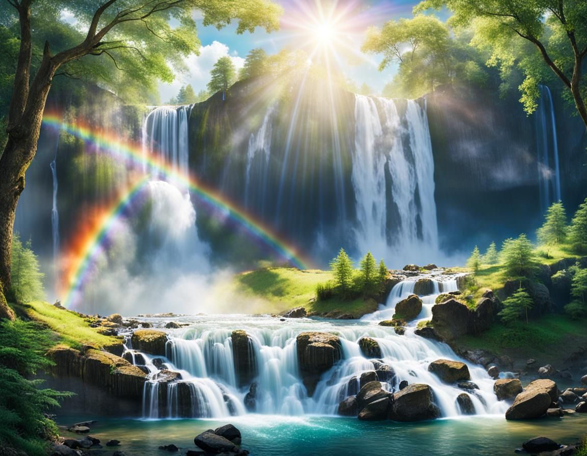 Rainbow Over Crystal Clear Waterfall Landscape