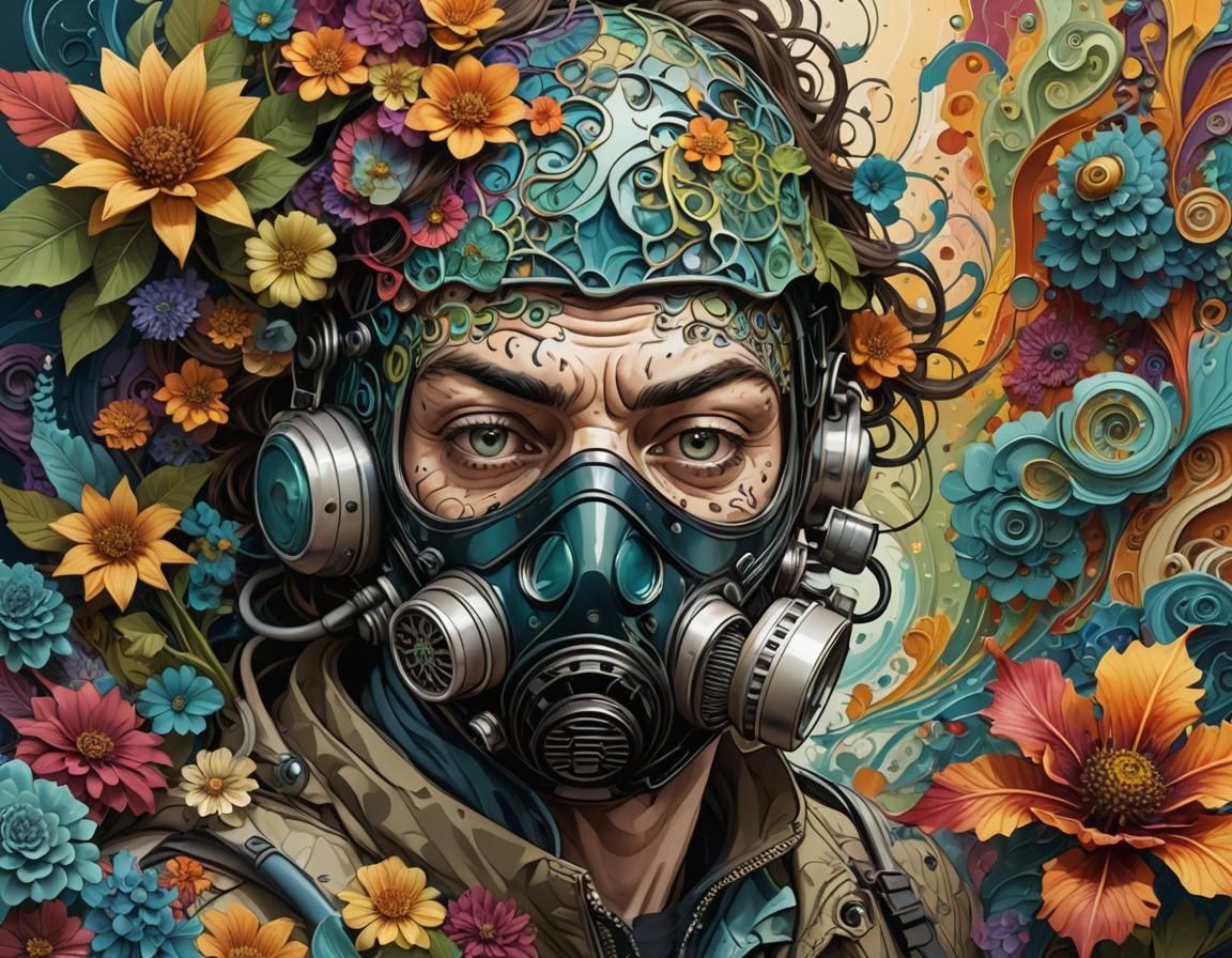 Survivalist Tending Flower in Desert, Cell-Shaded Style