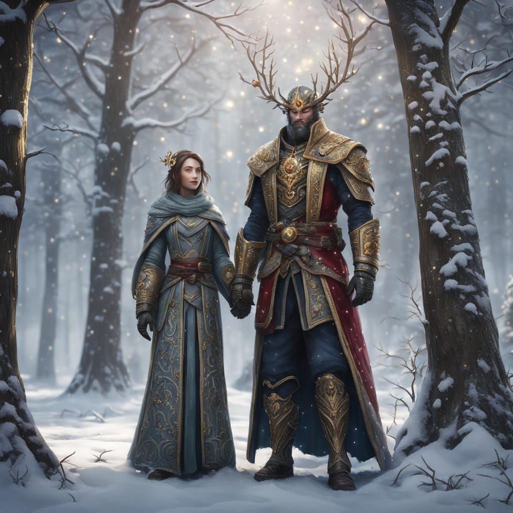 Ethereal Forest Scene in Whimsical Style with Surreal Couple