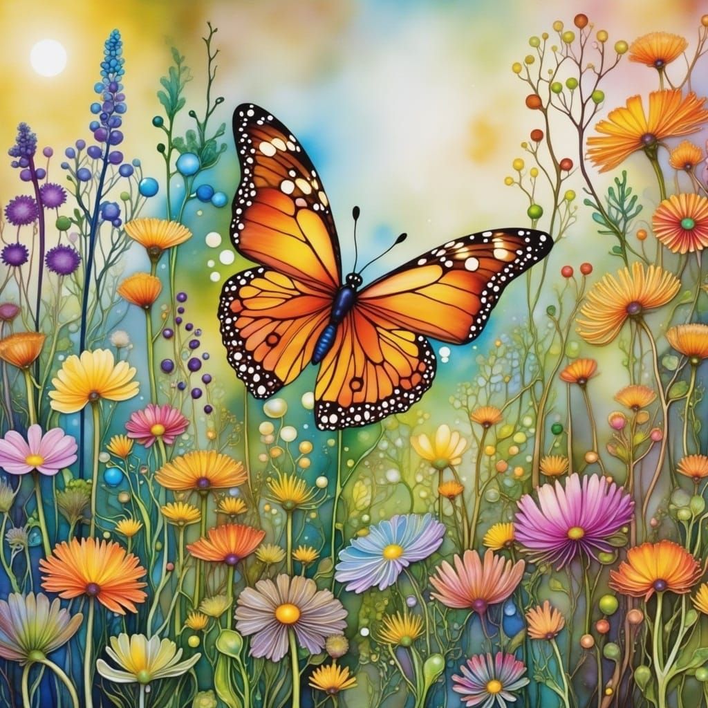 Floral Meadow with Butterfly in Impressionistic Watercolor