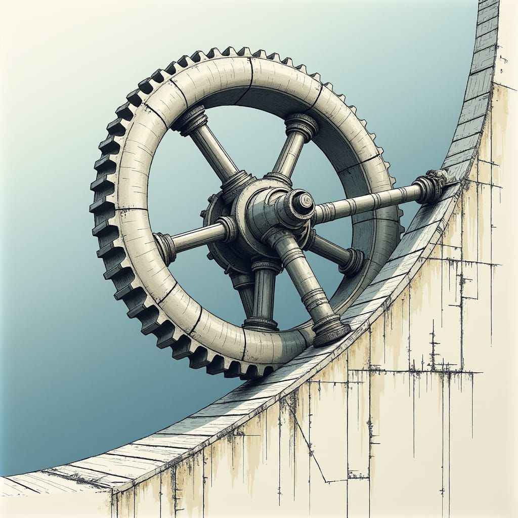 Intricate Wheel and Gear System on Incline: Technical Illust...