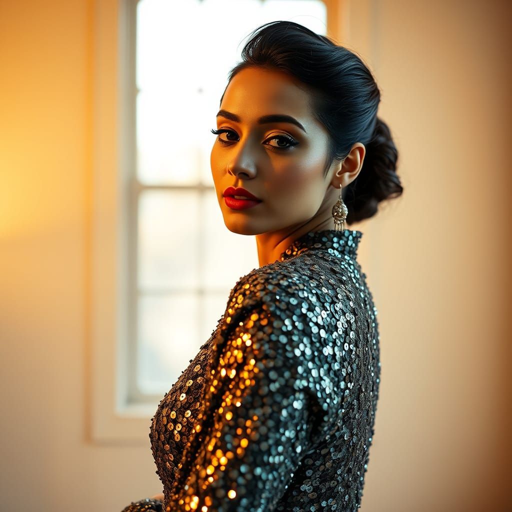 Elegant Woman in Sequined Garment