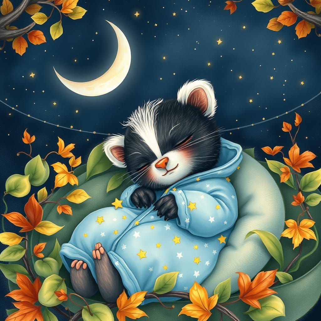 Whimsical Watercolor Skunk in a Dreamy Forest Glade