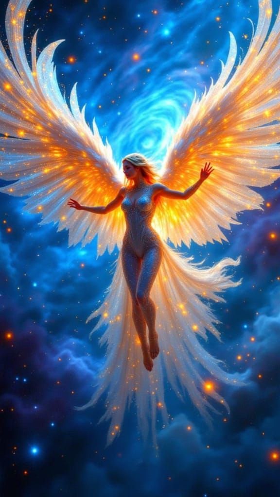Celestial Angel Descends from Nebula in Painterly Cosmic Art...