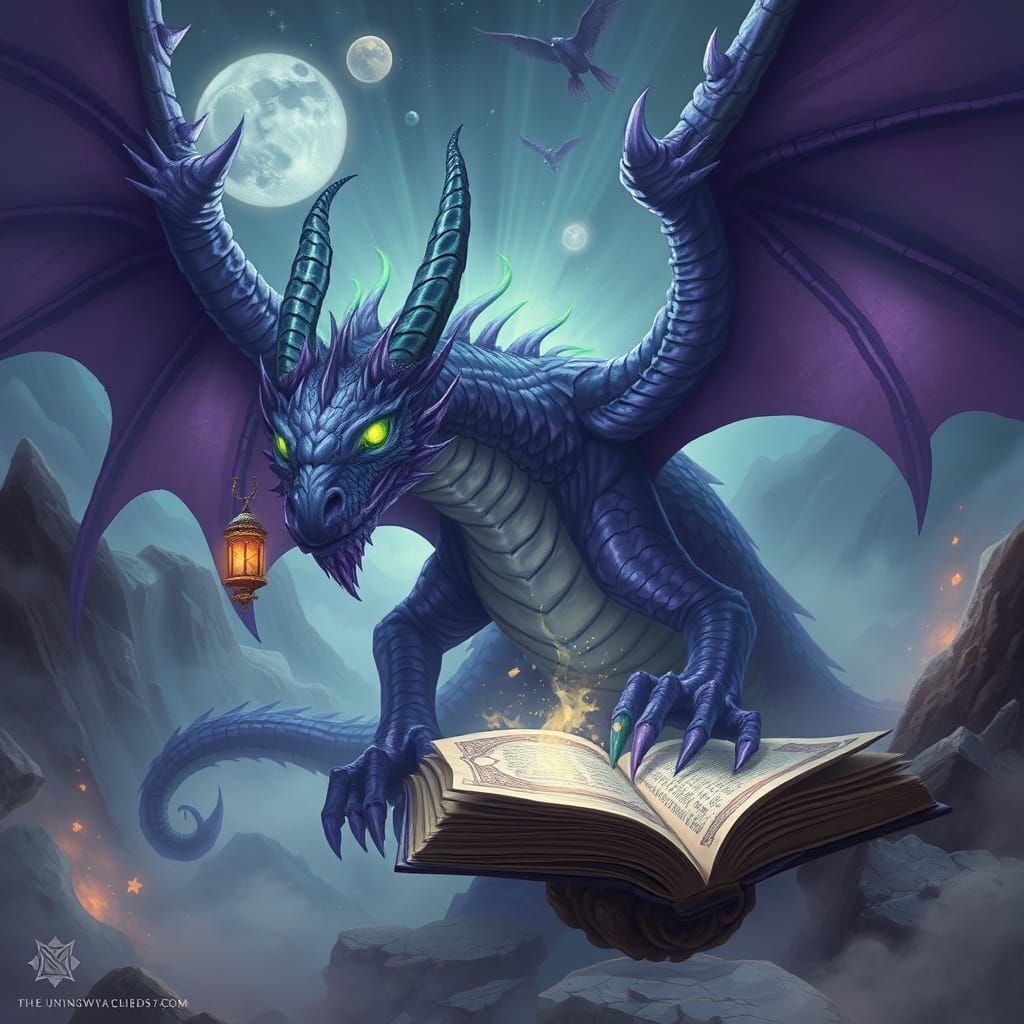 Ethereal Violet Dragon in Ancient Tome Atmosphere