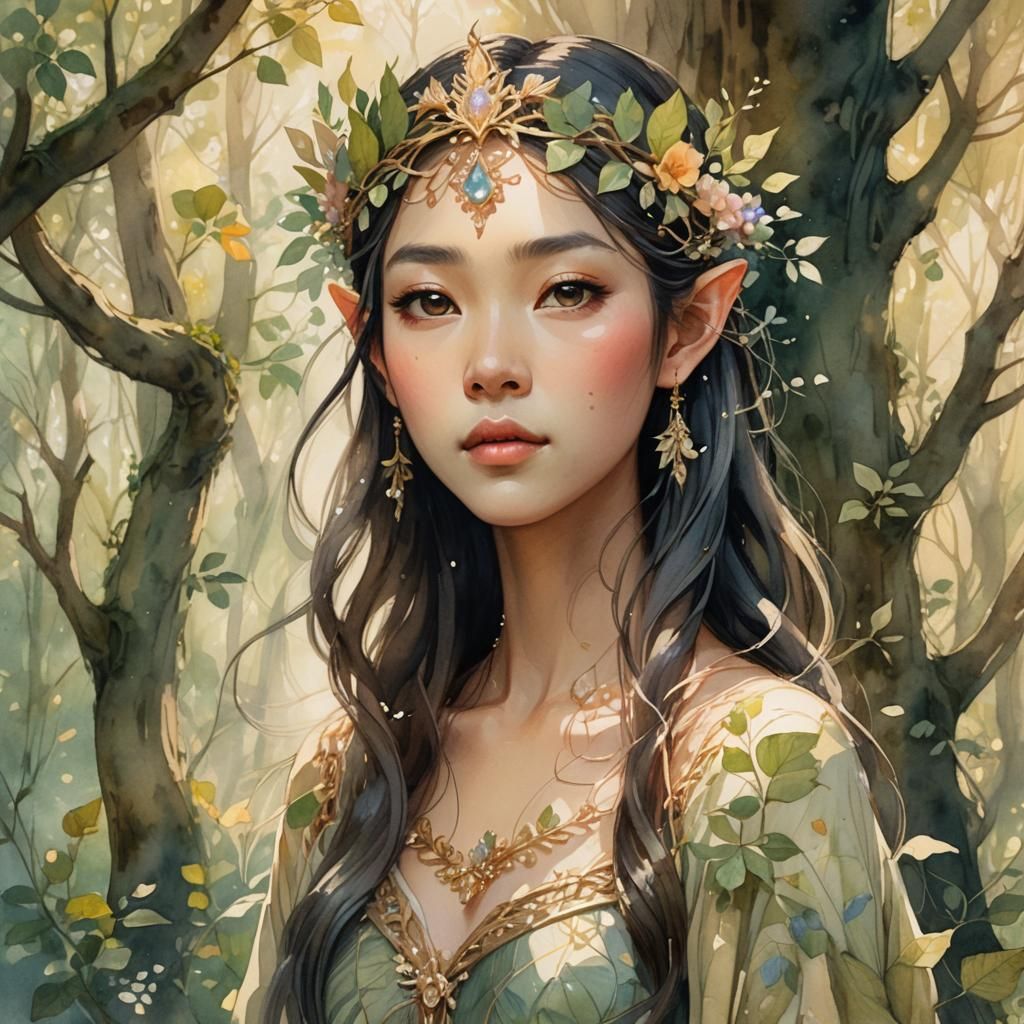 Asian Wood-Elf Girl in Forest, Watercolor Style
