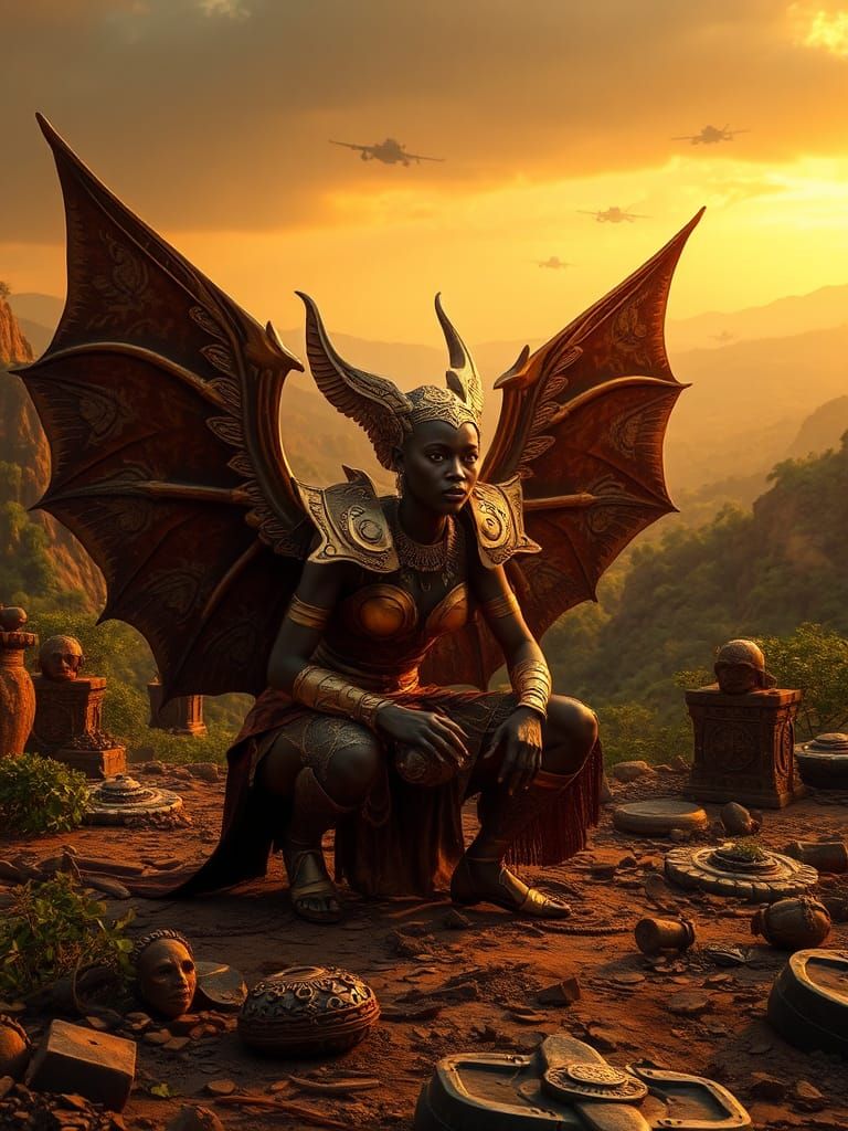 African Woman with Bat Wings on Battlefield