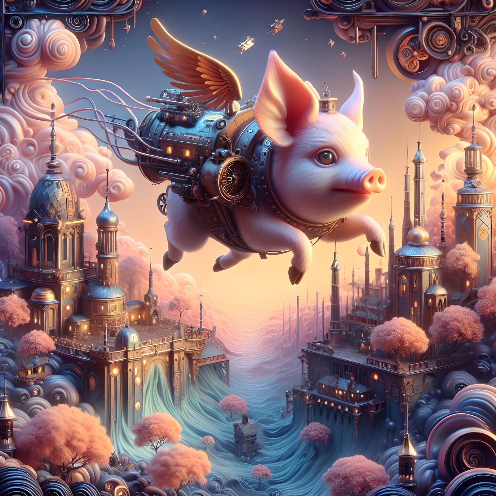Steampunk Piglet's Flight Over Pastel Cityscape