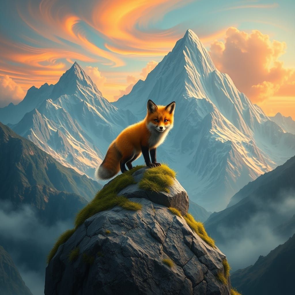 Fantastical Fox in Vibrant Mountain Landscape