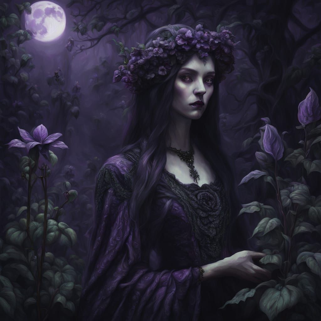Ethereal Woman with Nightshade in Gothic Oil Painting