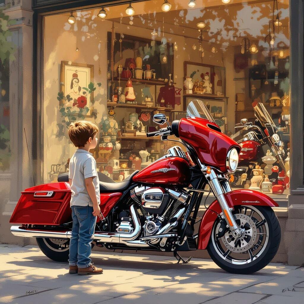 Boy and Shiny Red Motorcycle in Dreamy Cartoon Style