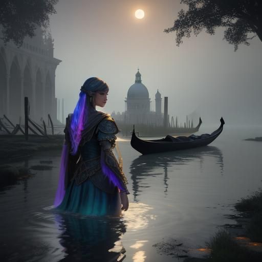 Venetian Woman at Moonlit Canal: Fantasy Concept Art