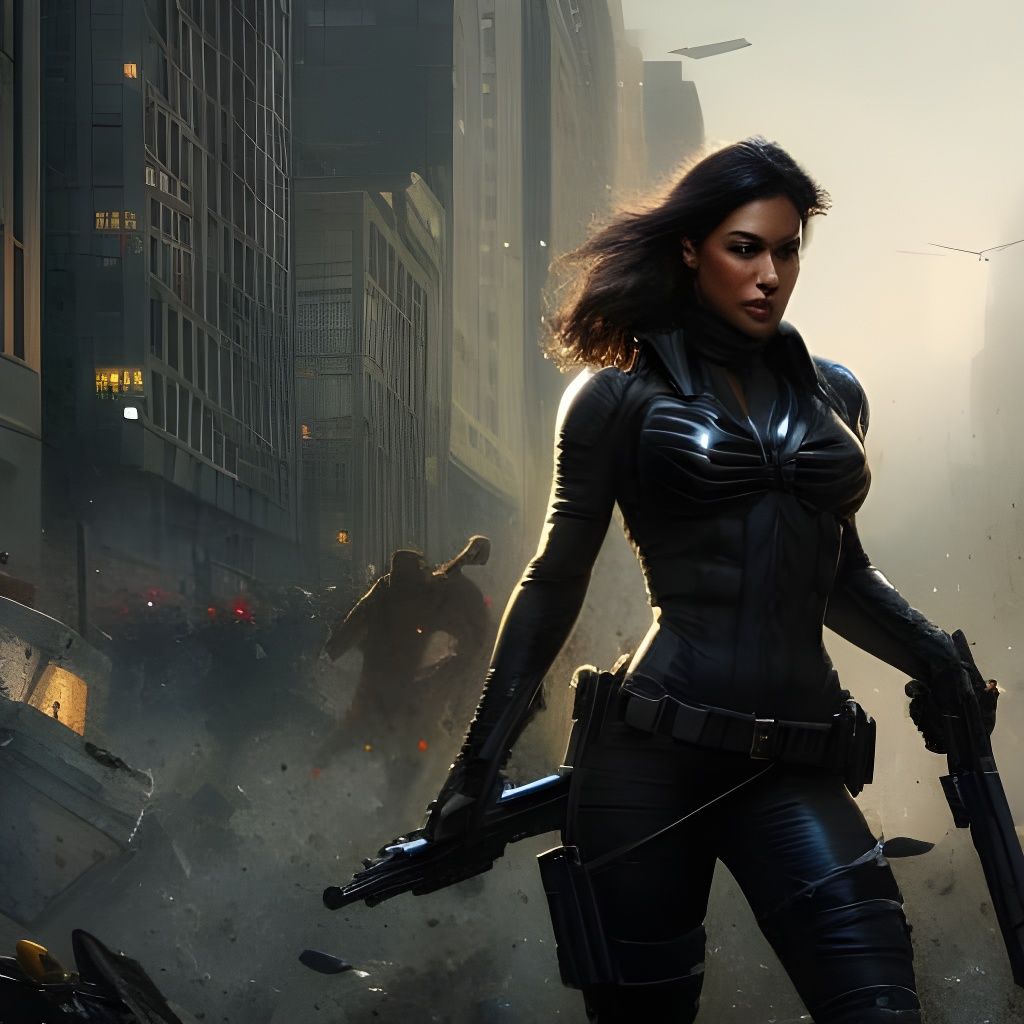 Detailed Vigilante Woman in Dystopian City, Digital Art